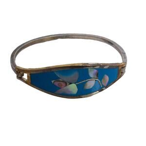 Vintage Childs Alpaca Mexico Silver Cuff Bracelet Floral Abalone Inlay